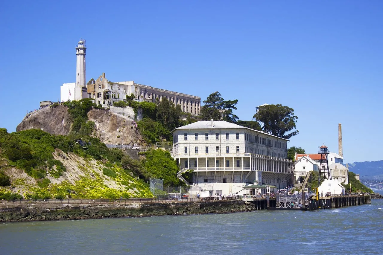 The lighthouse, cellhouse and dock buildings on the island