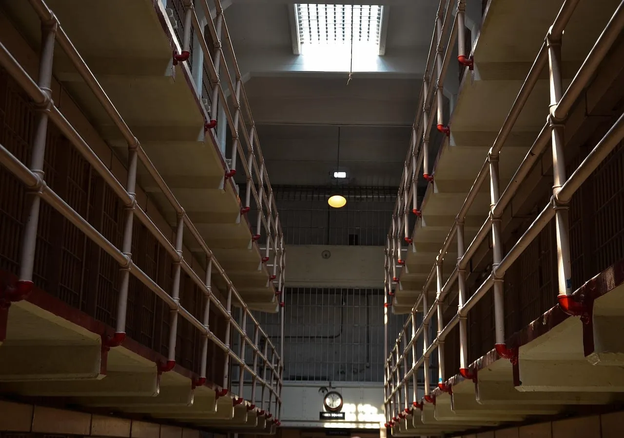 A corridor between tiers of cells inside the cellhouse