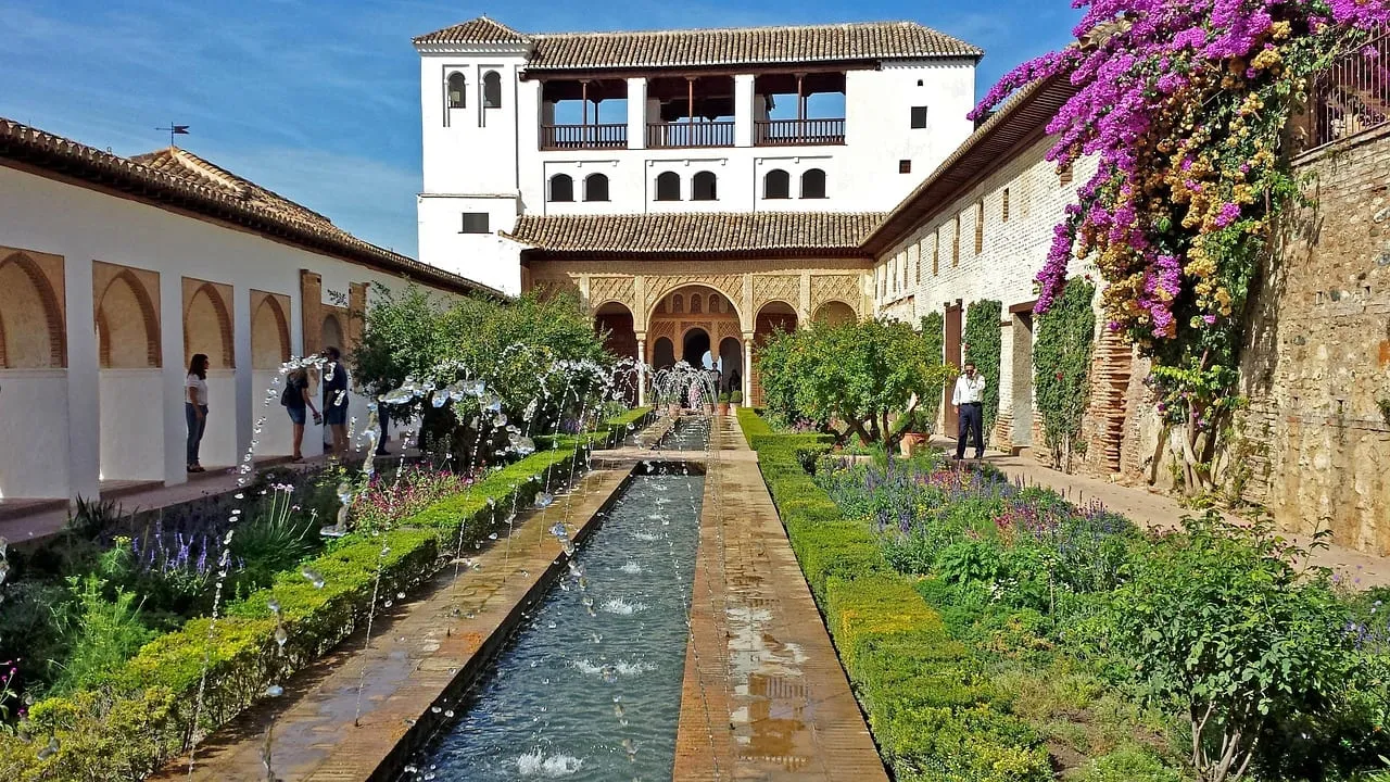 Flowerbeds and a water channel in the Generalife gardens