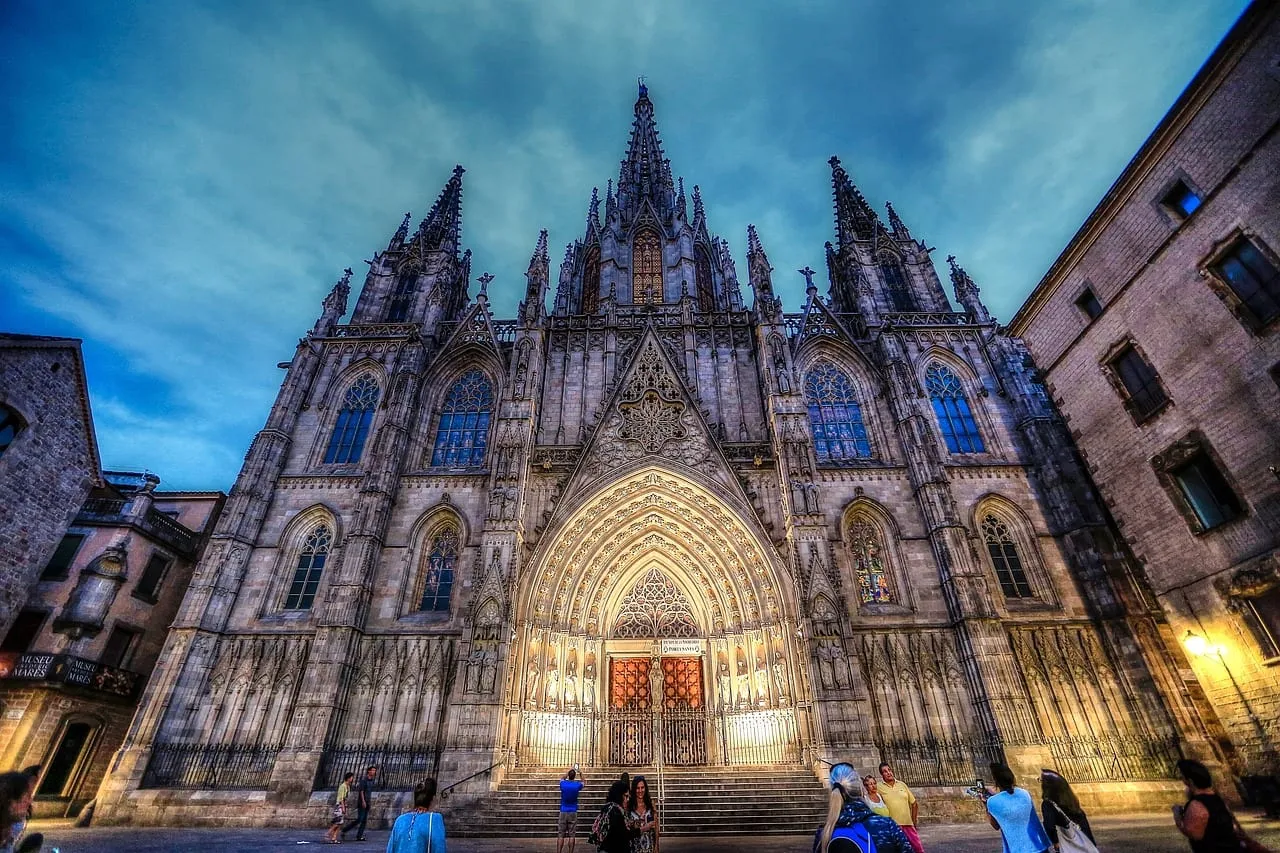 The Gothic front of Barcelona Cathedral at dusk