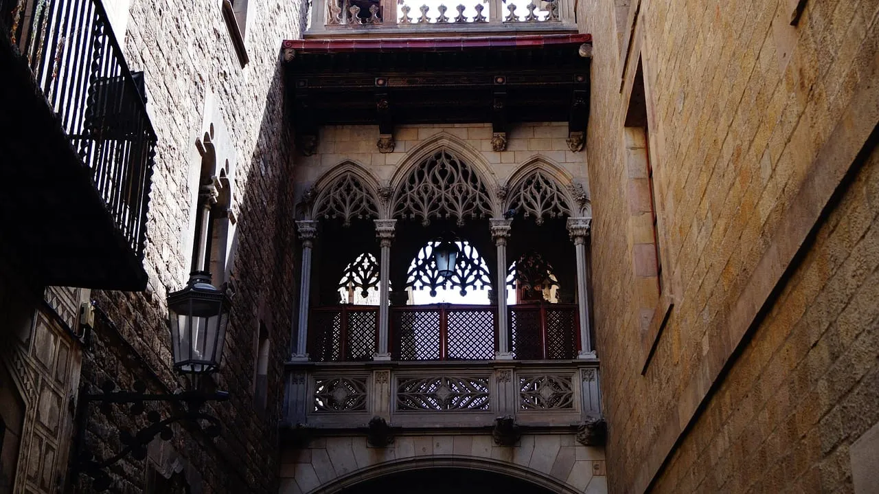 The carved stone bridge across Carrer del Bisbe in the Gothic Quarter