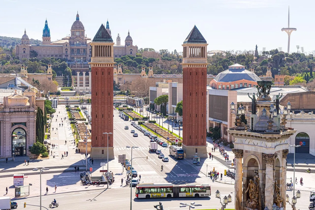 The Venetian towers of Plaça d’Espanya, with the National Palace on Montjuïc behind