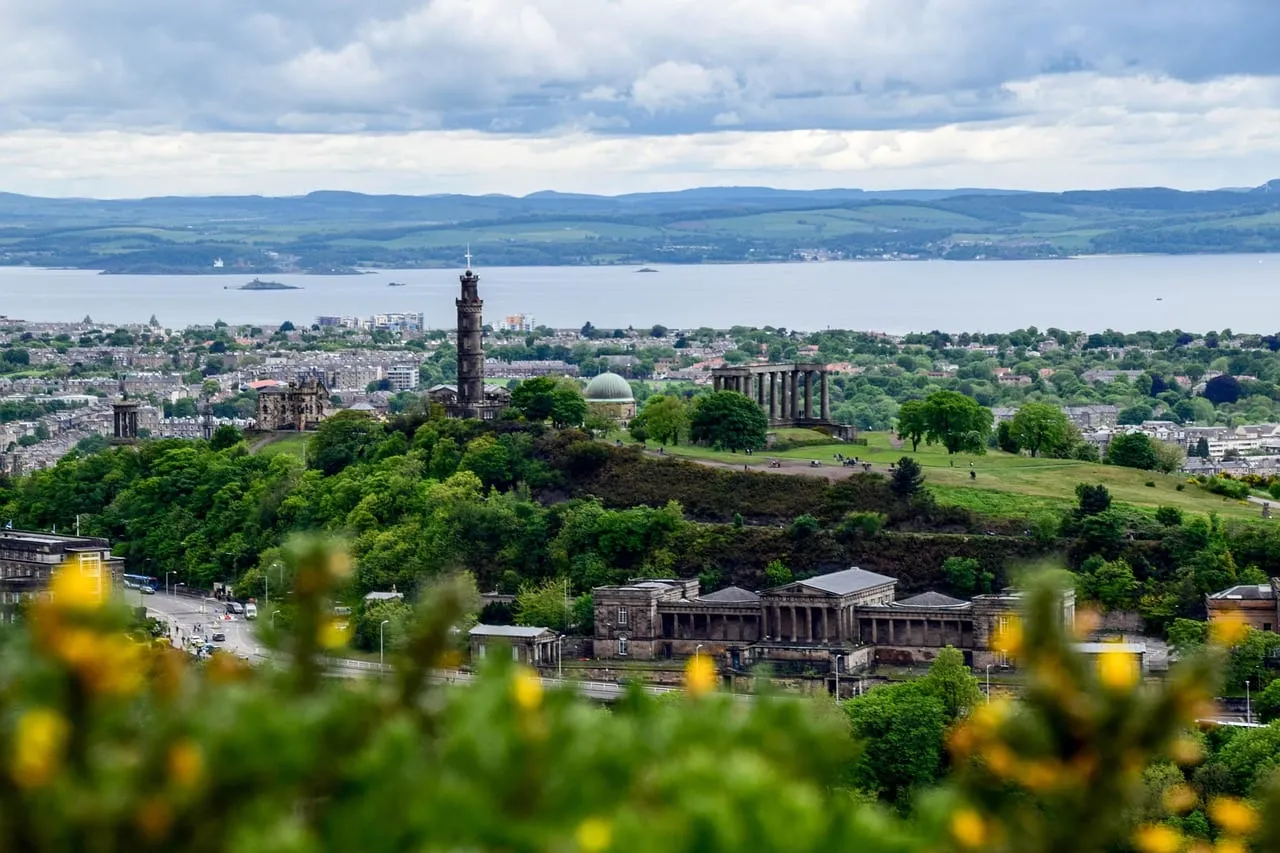 The monuments on Calton Hill with the Firth of Forth behind
