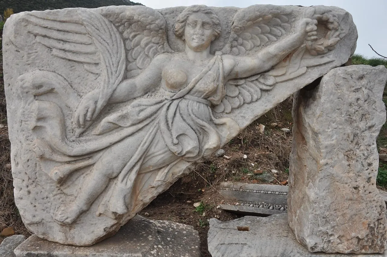 A carved relief of the winged goddess Nike