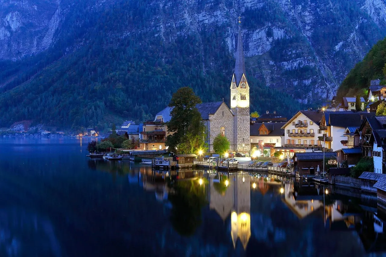 The village lit at dusk