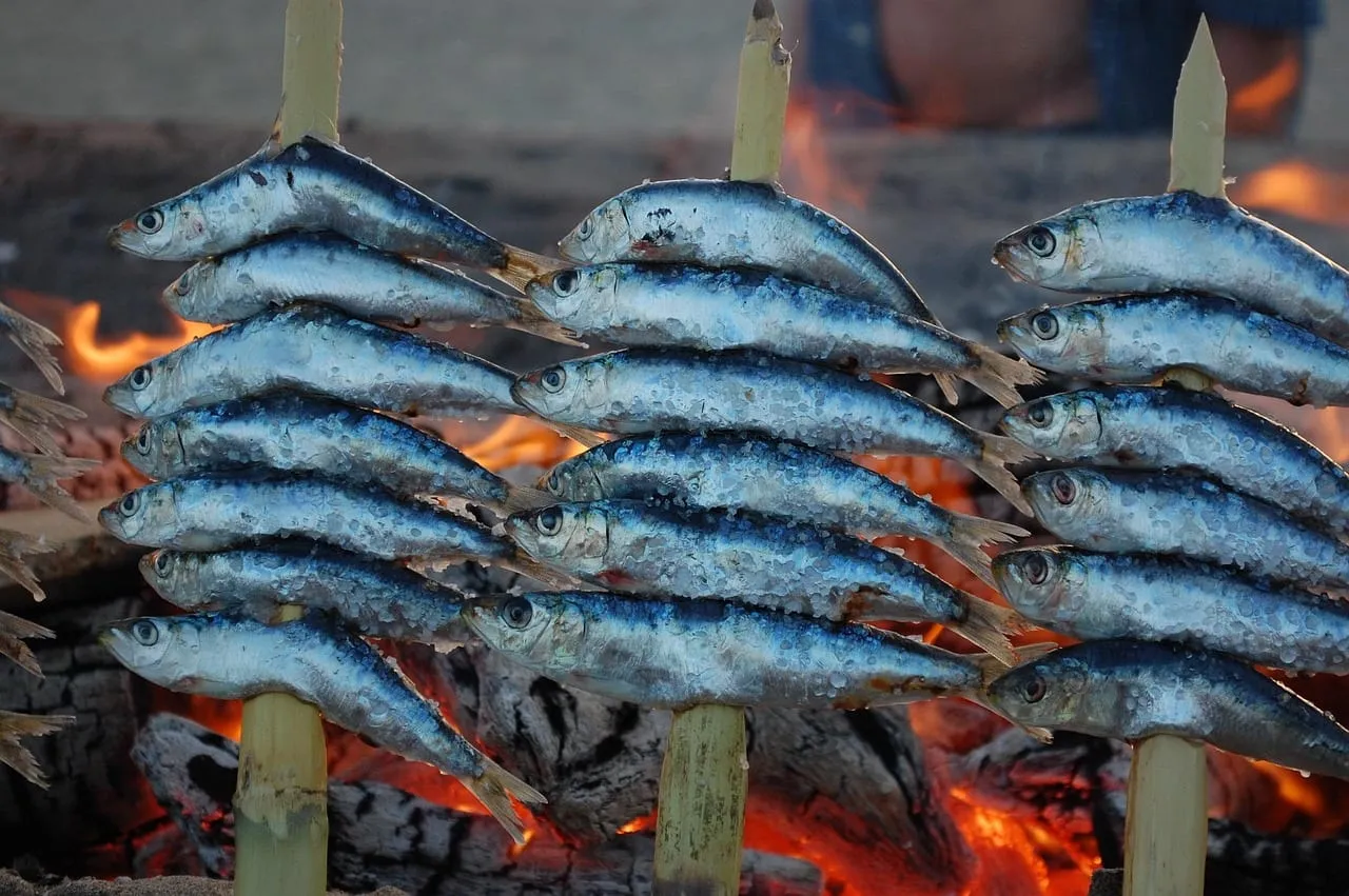 Espetos: sardines grilled on cane skewers over a wood fire