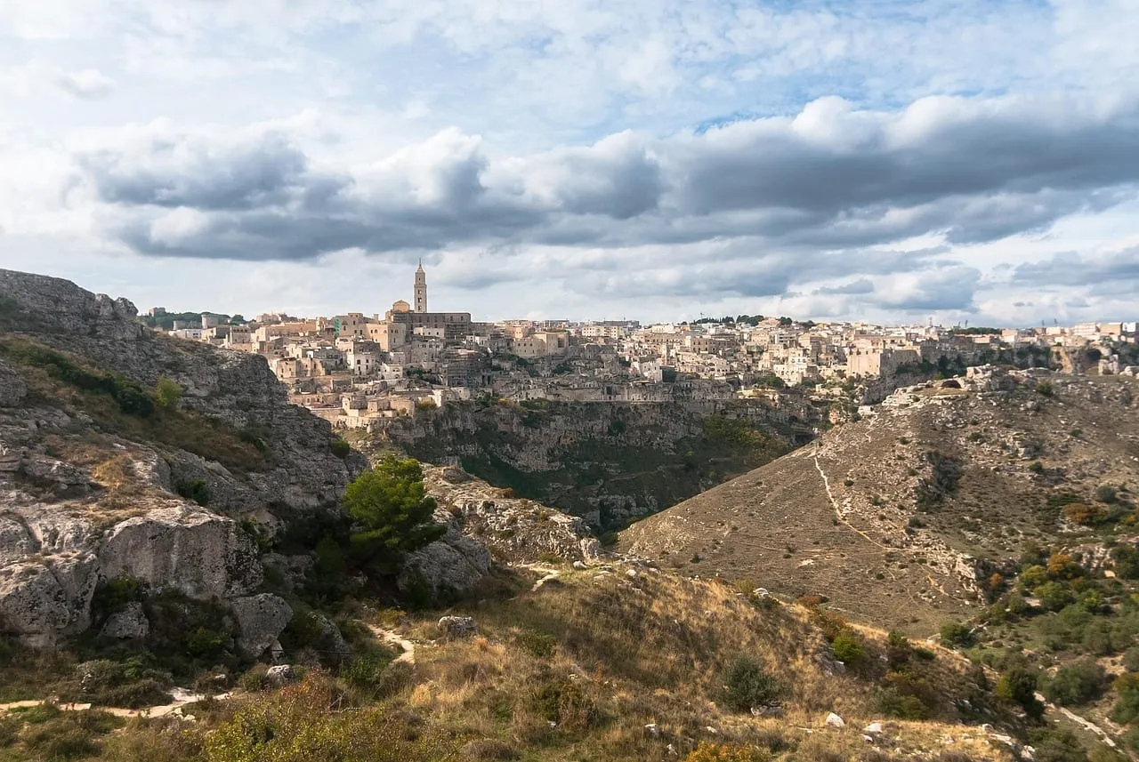 The Sassi on the edge of the ravine, seen from the Murgia side