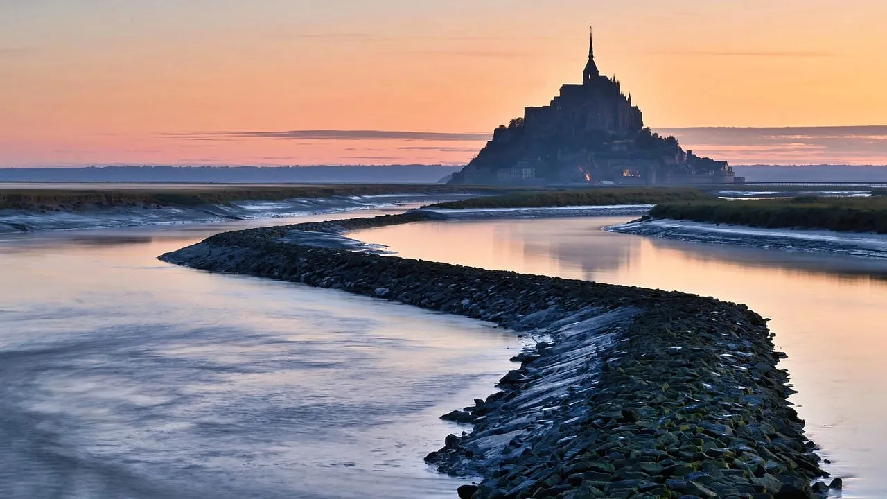 The mount at sunset, with a winding channel across the tidal flats