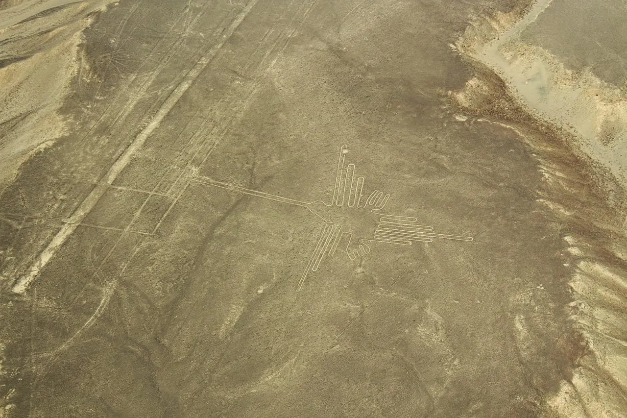 Straight lines and a figure crossing the desert, seen from a plane