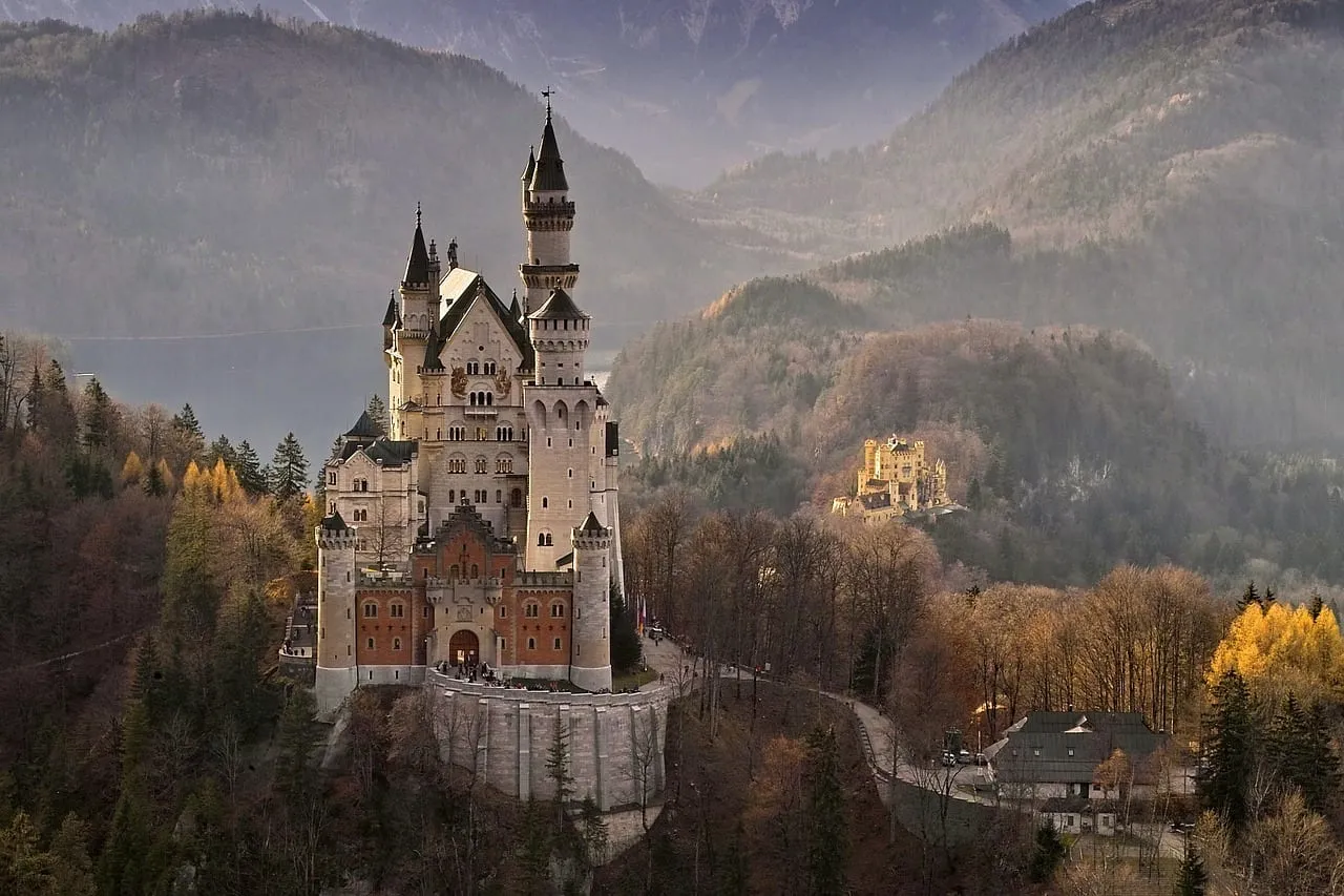 Neuschwanstein with Hohenschwangau Castle in the valley below