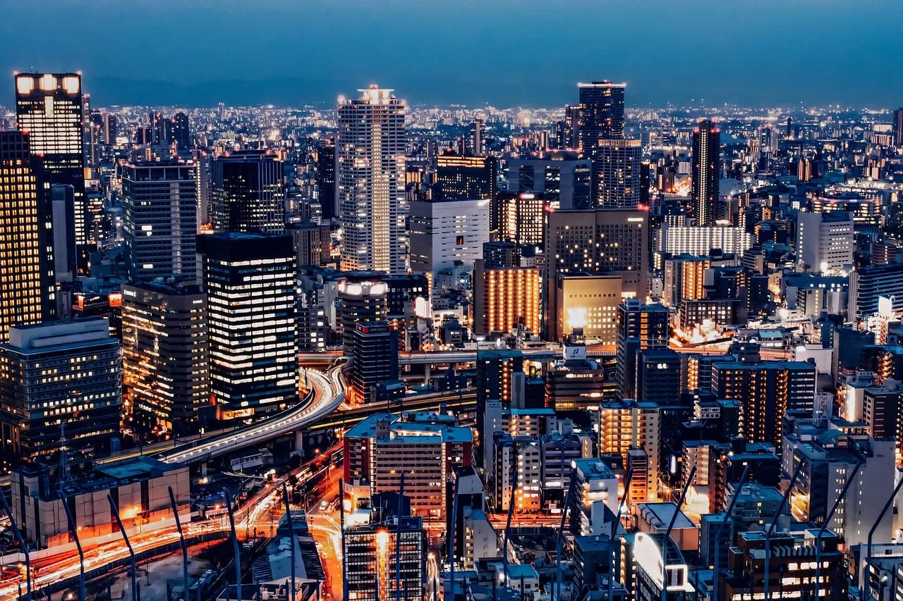 Osaka’s skyline lit up at night