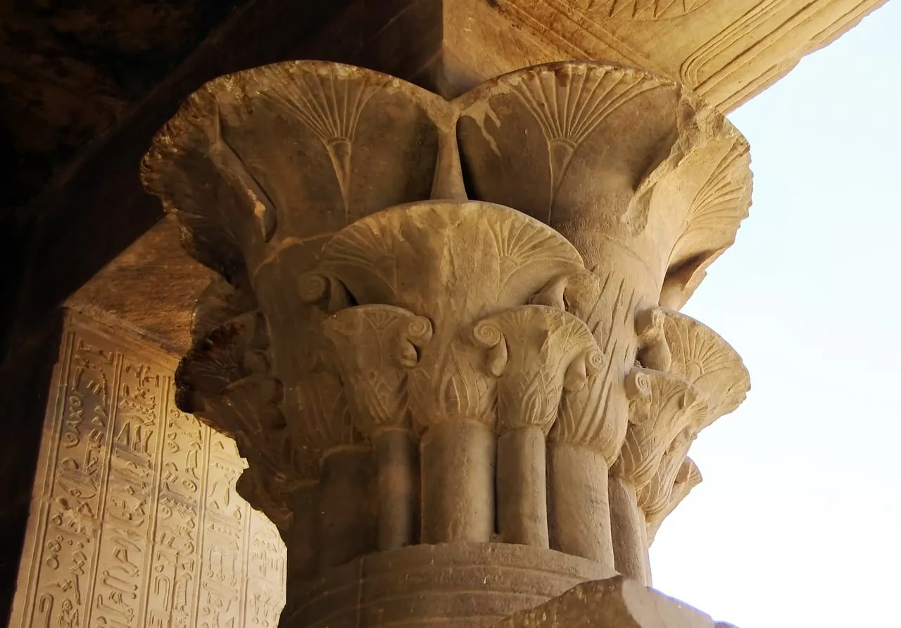 Carved floral column capitals in the temple