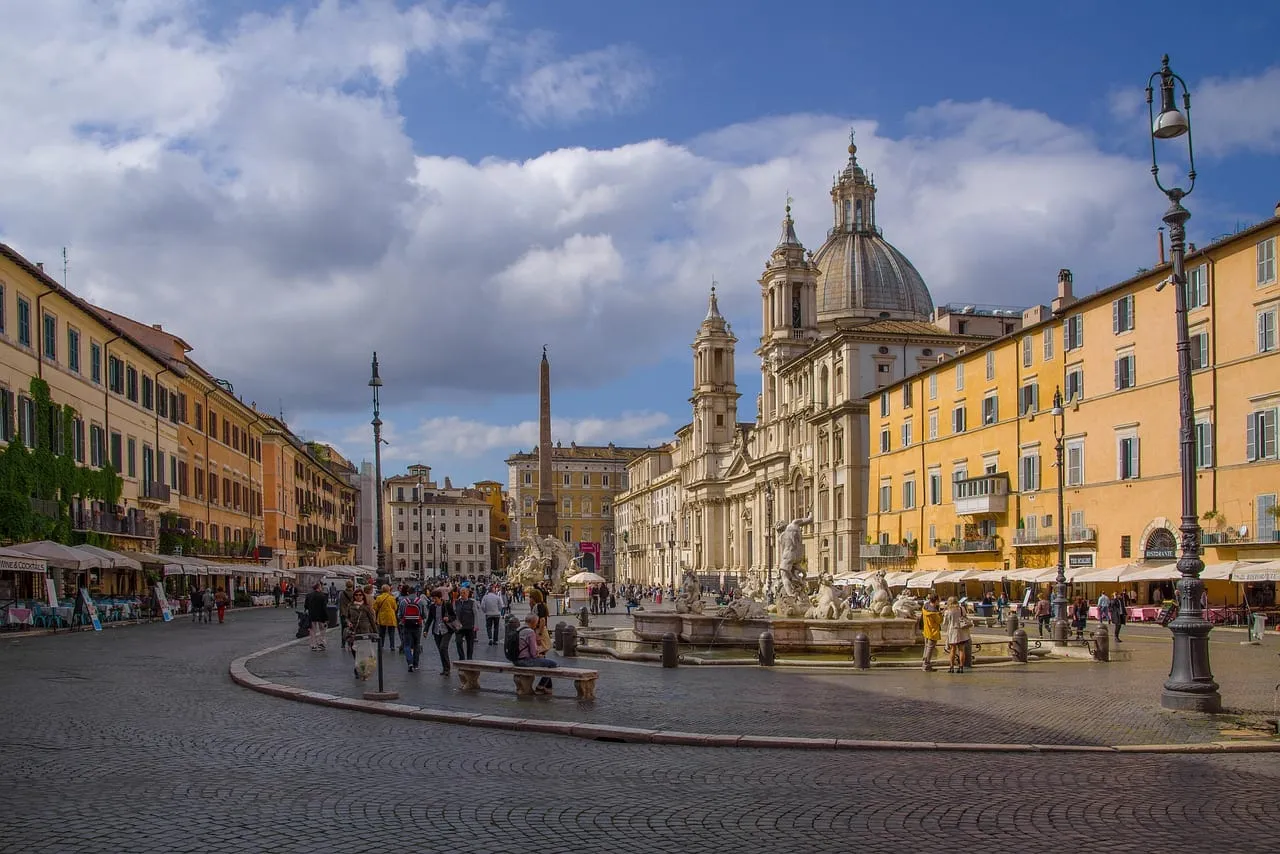 Piazza Navona with its fountain, obelisk and the church of Sant’Agnese