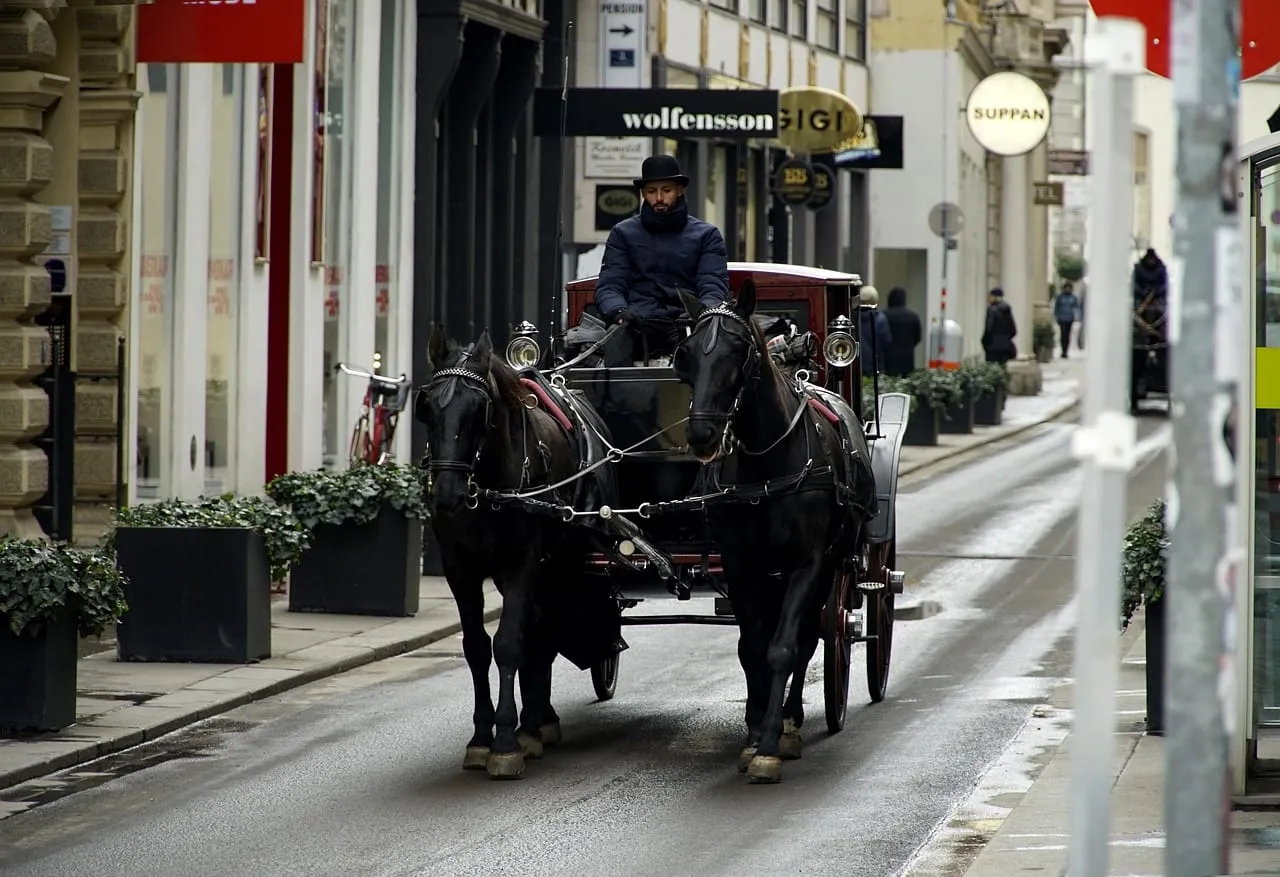 A fiaker horse carriage on a street in central Vienna